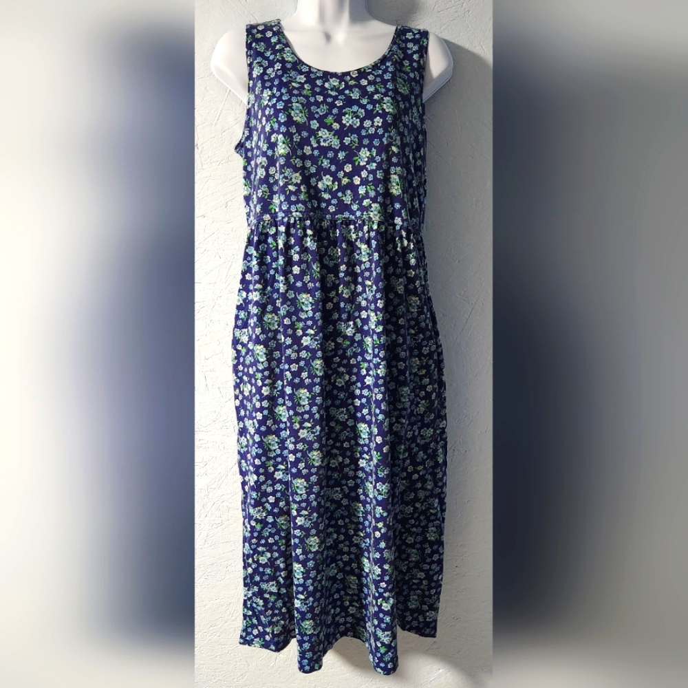 Vintage 1980s Blue Floral Sleeveless Knit Dress - Women's Small